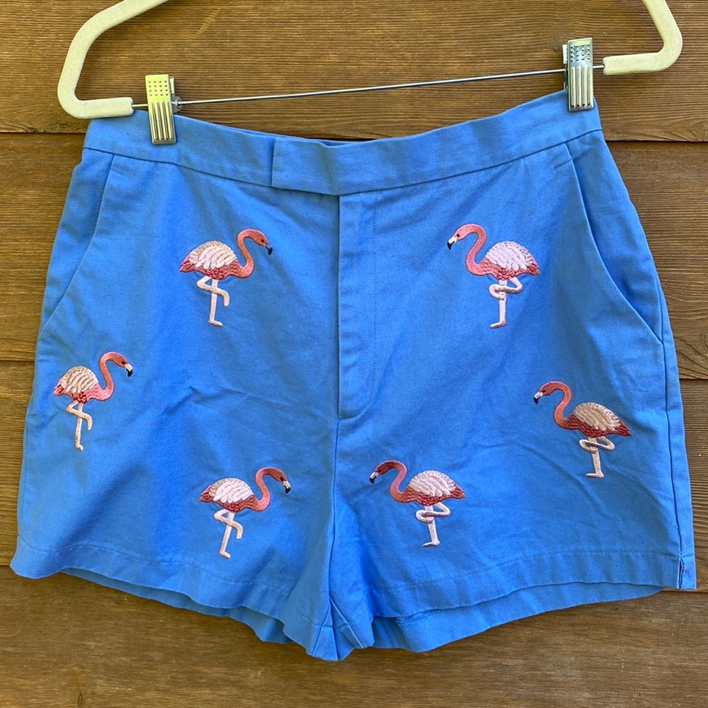 Embroidered Flamingos Shorts high waisted